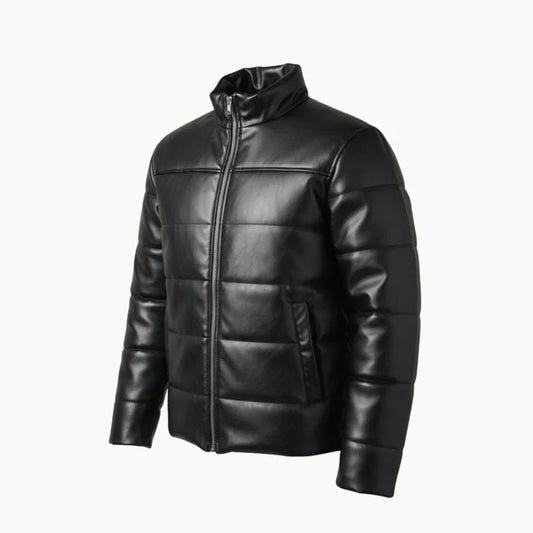 Black Faux Leather Puffer Jacket