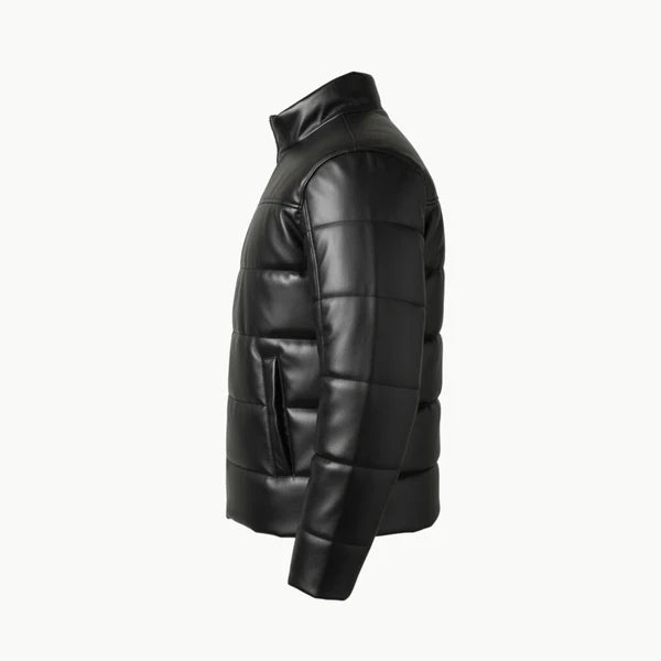 Black Faux Leather Puffer Jacket