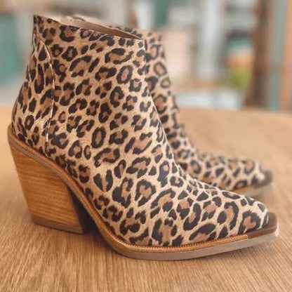 Leopard Pointed Ankle High-top Back Zipper Pull-up Boots For Women