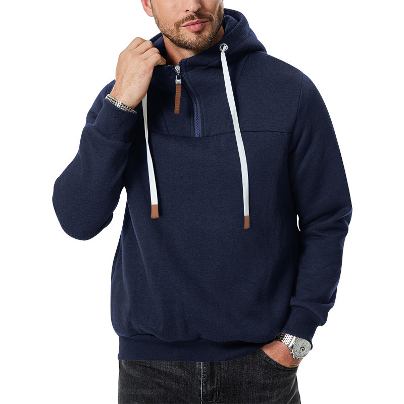 New Men's Heavy Fleece-lined Half-zip Sporty Casual Hooded Sweatshirt