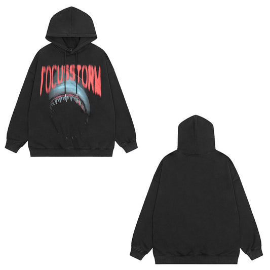 American Fashion Brand Washed Old Shark Printed Hoodie Oversize Velvet Padded Thickened Coat