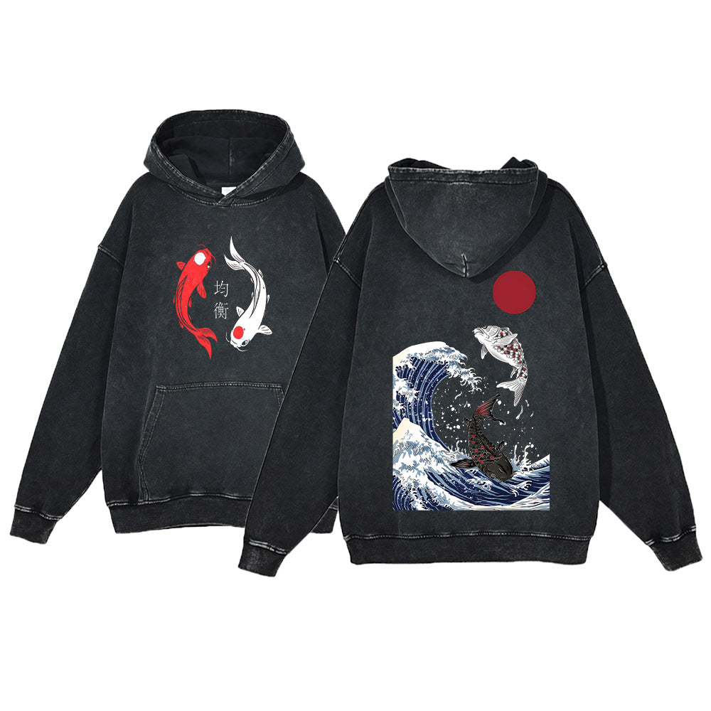 Ukiyo-e Koi Fish Retro Sweatshirt  Men's Hip-Hop Hoodie,