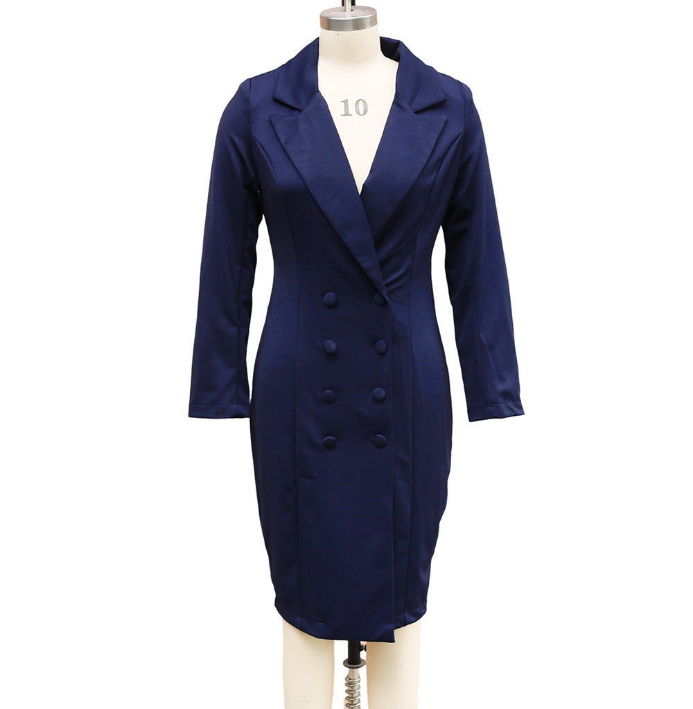 Double-breasted Blazer Dress Fashion Slim-fitting Hip-wrapped Lapel Long-sleeved Dresses Office Commuting Long Jacket Outwear For Women's Clothing