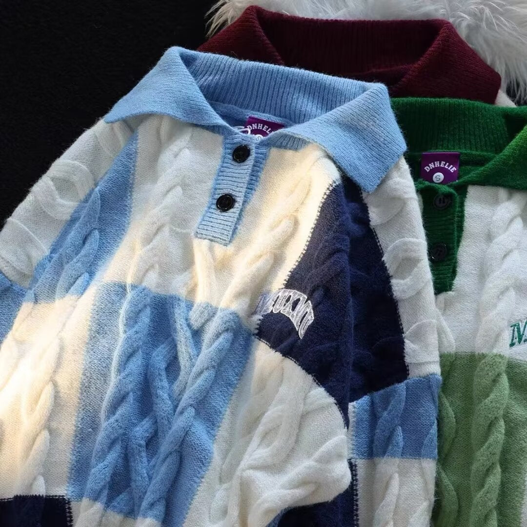 Men's Contrast-Colored Turn-Down Collar Cable-Knit Sweater