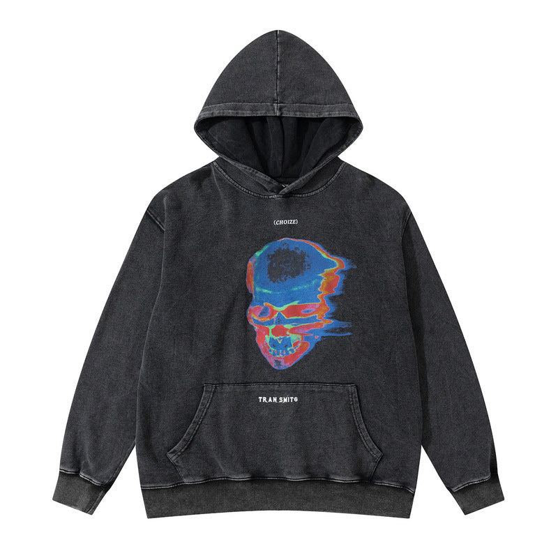 Washed Distressed Skull Graffiti Hoodie