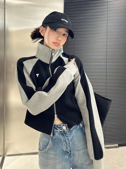 American Contrast Color Lapels Embroidered Pullover Sweatshirt