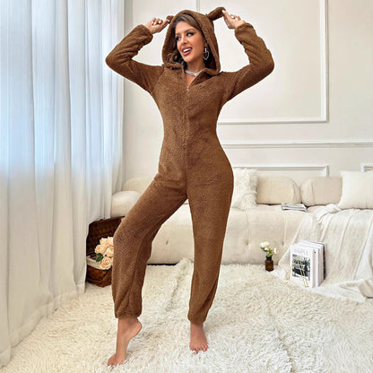 Fleece-lined Thick Furry Onesie Hooded Pajama Homewear