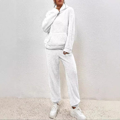 Winter Plush Pajama Set Fashion Casual Hooded Top And Elastic Band Pants Warm Sofa Carpet Home Clothes Women's Trousers Set Clothing