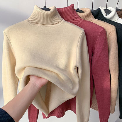 Fleece Turtle Neck Sweater Winter Warm Elegant Thick Knitted Pullover Tops Women's Clothing
