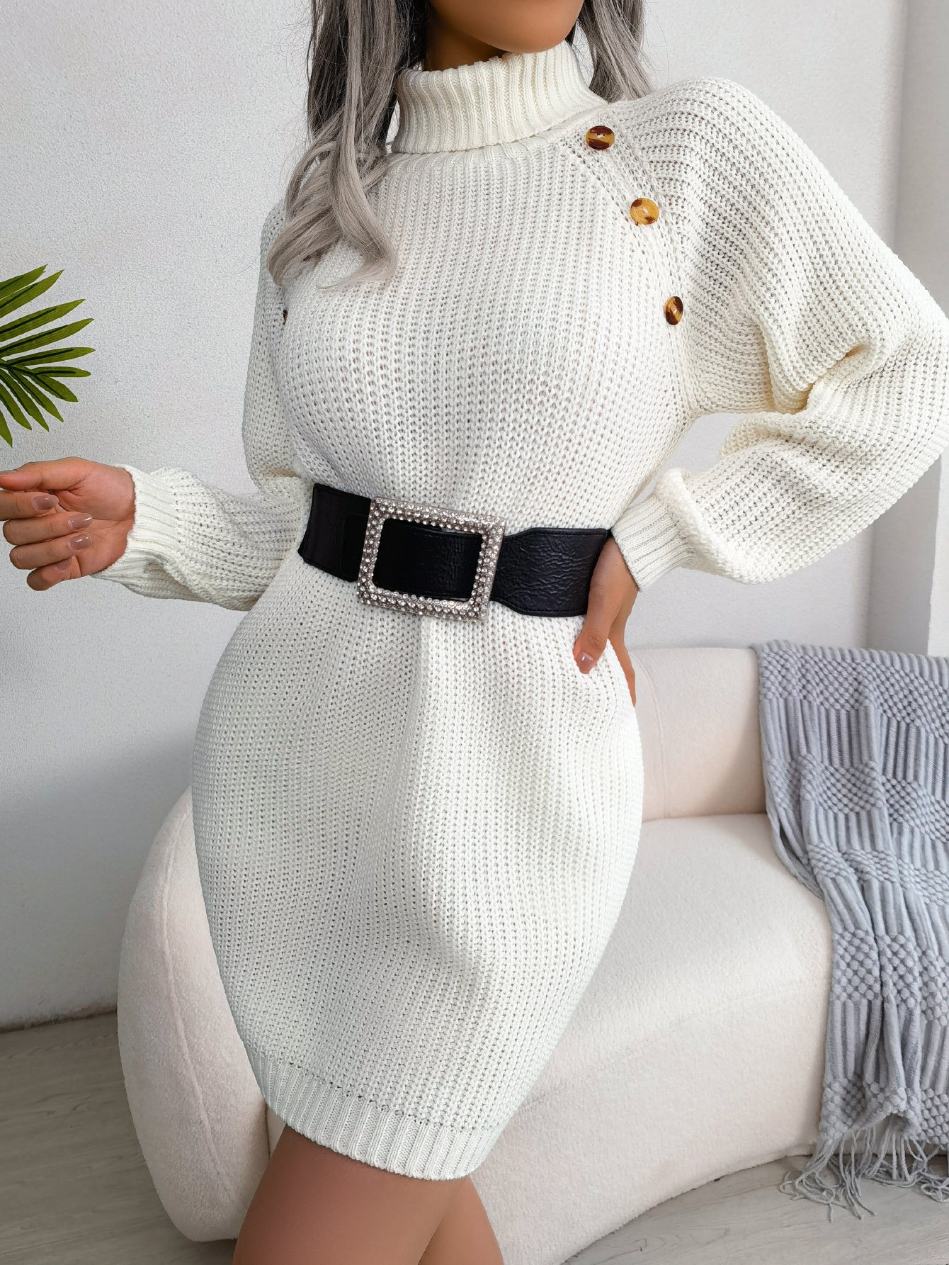 Casual Buttoned High Neck Long Sleeve Sweater Dress
