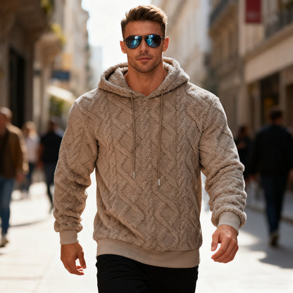 Plush Hooded Sweatshirt Winter Warm Long-sleeved Pullover Top Men's Casual Solid Color Fleece Hoodie Clothing