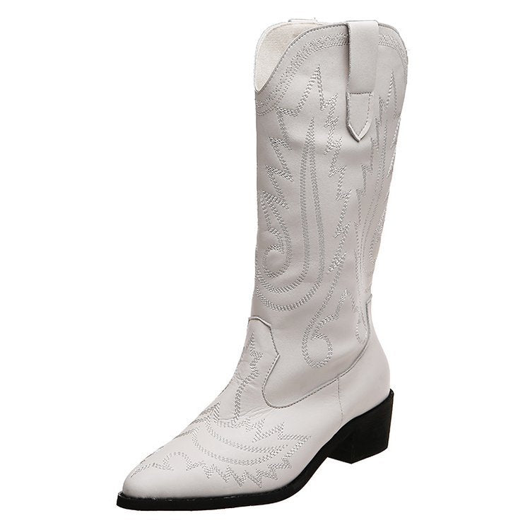Women's Low Heel Sleeve Western Embroidered Round Toe Boots