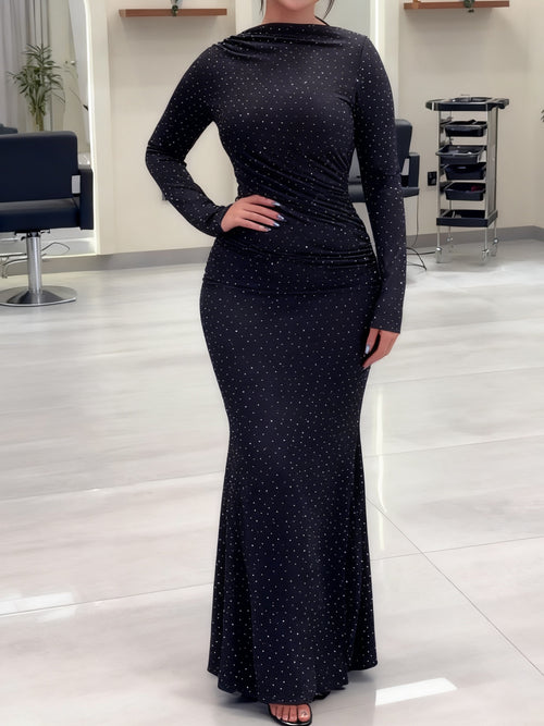 Black Rhinestone-Embellished Maxi Dress With Long Sleeves And Mermaid Silhouette