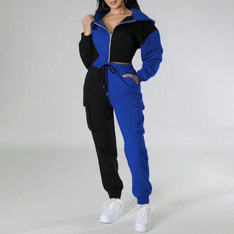 Women's Color Block 2 Piece Set, Full Zip Up Cropped Hoodie Jacket & Drawstring Cargo Pants, Casual Streetwear Outfit