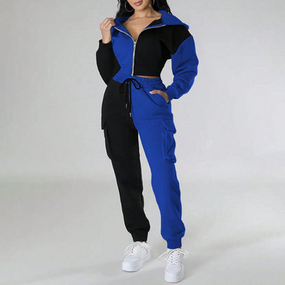 Women's Color Block 2 Piece Set, Full Zip Up Cropped Hoodie Jacket & Drawstring Cargo Pants, Casual Streetwear Outfit