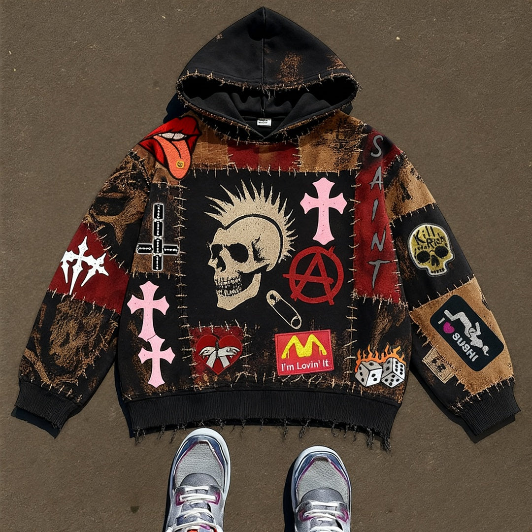 Vintage Print Loose-fitting Hoodie Sweater