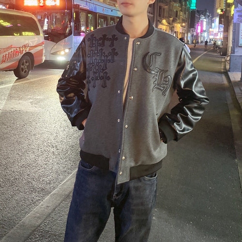 Sanskrit Cross Wool Leather Stitching Men's Jacket