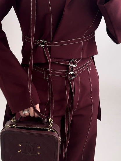 Burgundy Lace-up Top & High-waisted Pants Set
