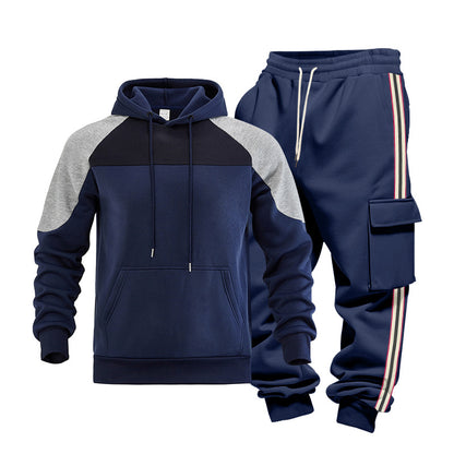 Loose Color-block Textured Hoodie And Sweatpants Casual Set