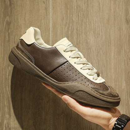 Stitching Contrast Color Genuine Leather Platform Flat Casual Board Shoes