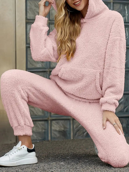 Winter Plush Pajama Set Fashion Casual Hooded Top And Elastic Band Pants Warm Sofa Carpet Home Clothes Women's Trousers Set Clothing