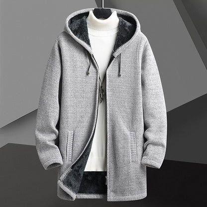 Fall Winter Men Fleece-lined Mid-length Zipper Hooded Sweater Cardigan