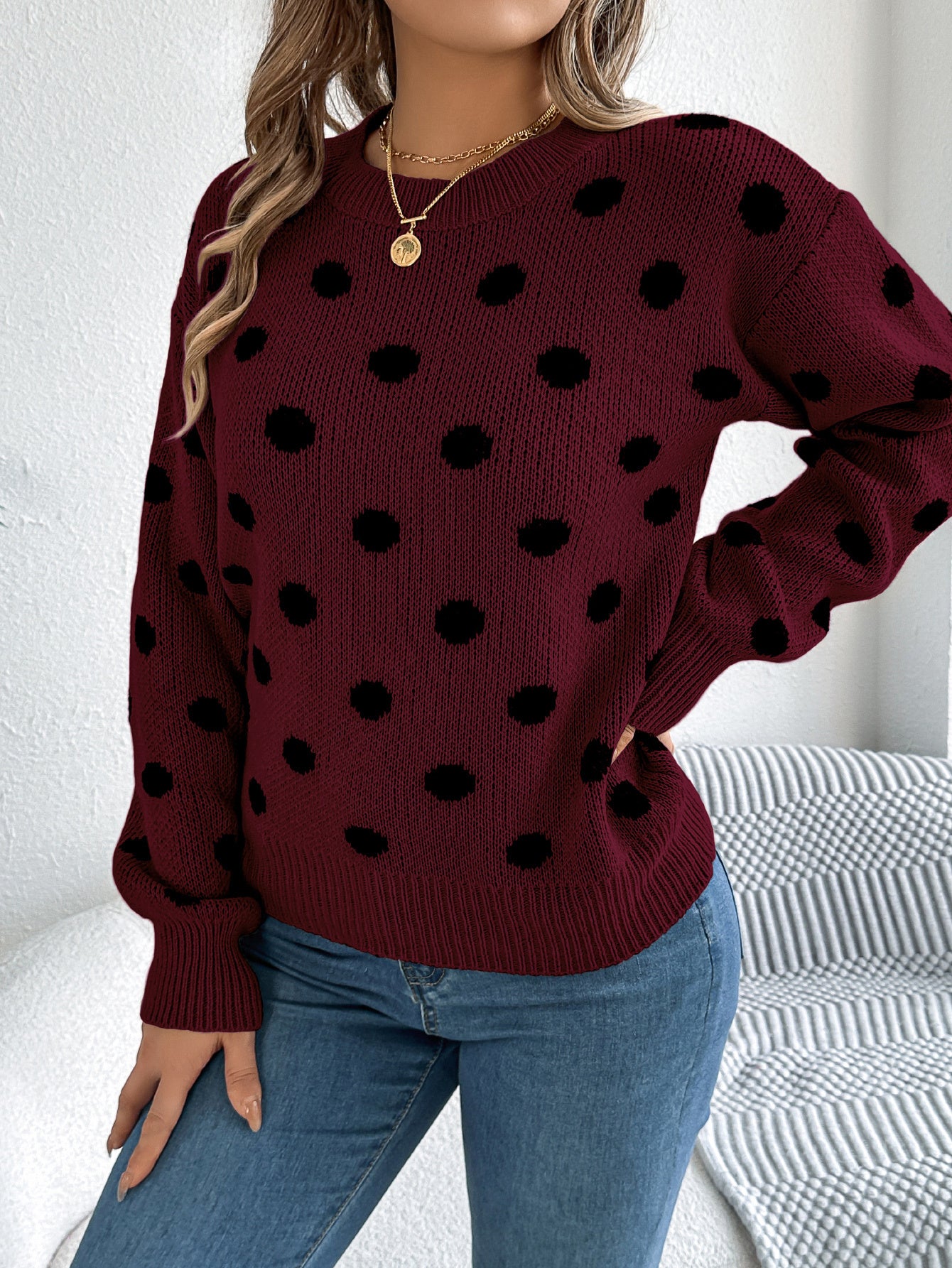 Casual Color Block Polka Dot Long Sleeve Pullover Sweater
