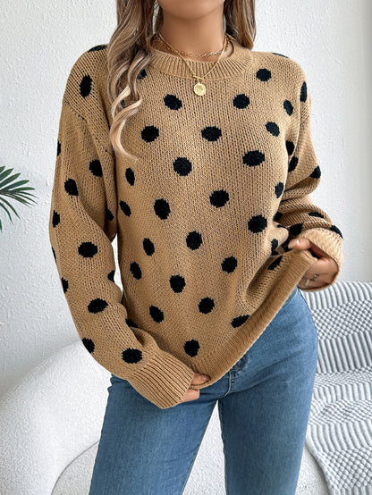 Casual Color Block Polka Dot Long Sleeve Pullover Sweater