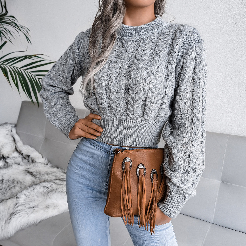 Cable Knit Waist Cinched Cropped Sweater