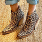 Leopard Pointed Ankle High-top Back Zipper Pull-up Boots For Women
