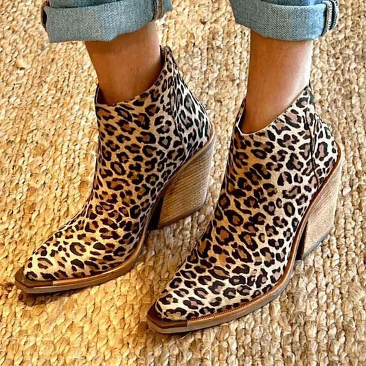Leopard Pointed Ankle High-top Back Zipper Pull-up Boots For Women