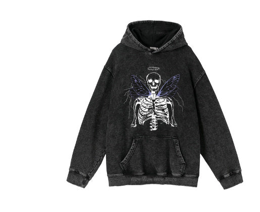 Vintage High Street Distressed Washed Loose Black Hoodie