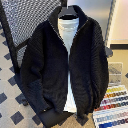 Mens Hip-Hop Retro Zip-Up Knitted Cardigan Warm Sweater