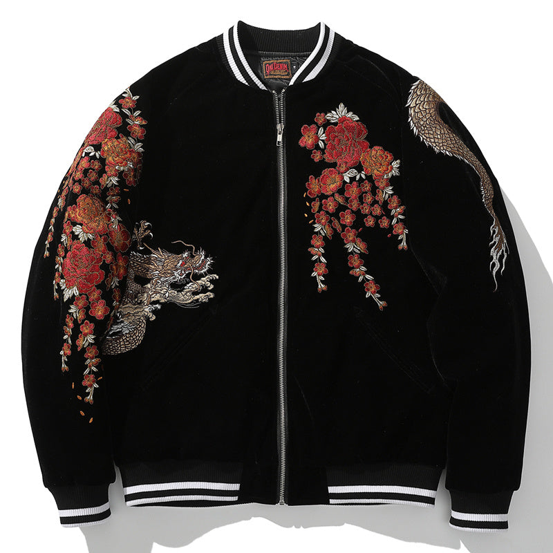 Men's Dragon Embroidered Baseball Collar Jacket