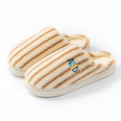 Ins Plush Striped Slippers Winter Warm Letter Embroidered Shoes Fashion Floor Bedroom Home Slipper For Women Men Couples