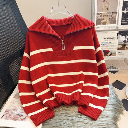 Loose Fashion Zipper Striped Sweater