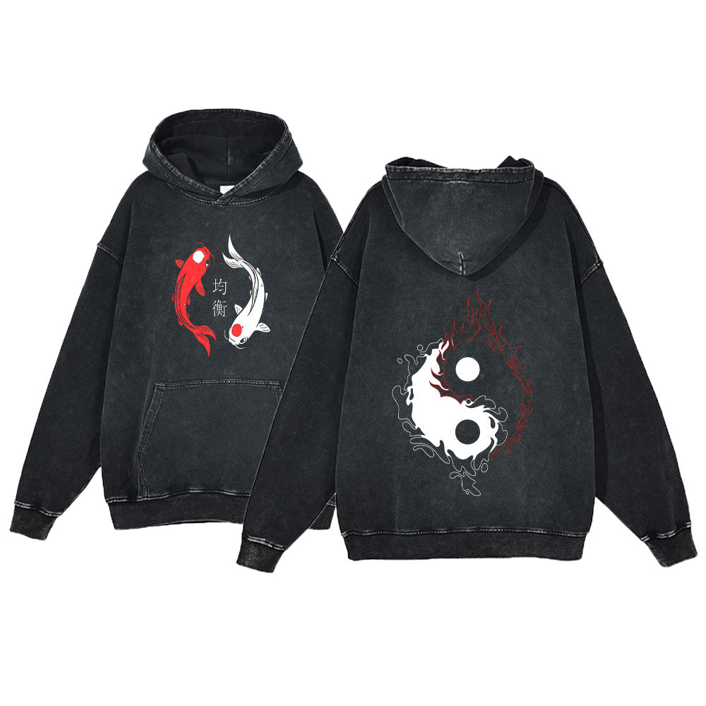 Ukiyo-e Koi Fish Retro Sweatshirt  Men's Hip-Hop Hoodie,