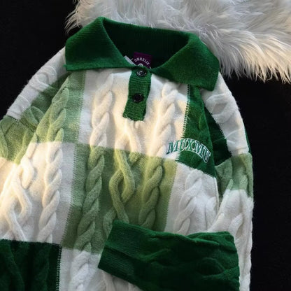 Men's Contrast-Colored Turn-Down Collar Cable-Knit Sweater