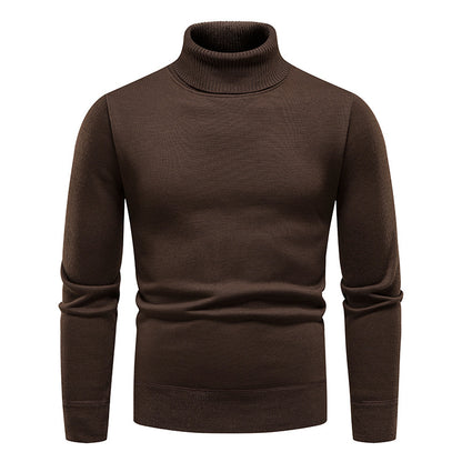 Men's Turtleneck Pullover Sweater Fashion Solid Color Fleece Lined Knitted Long-sleeved Top Clothing