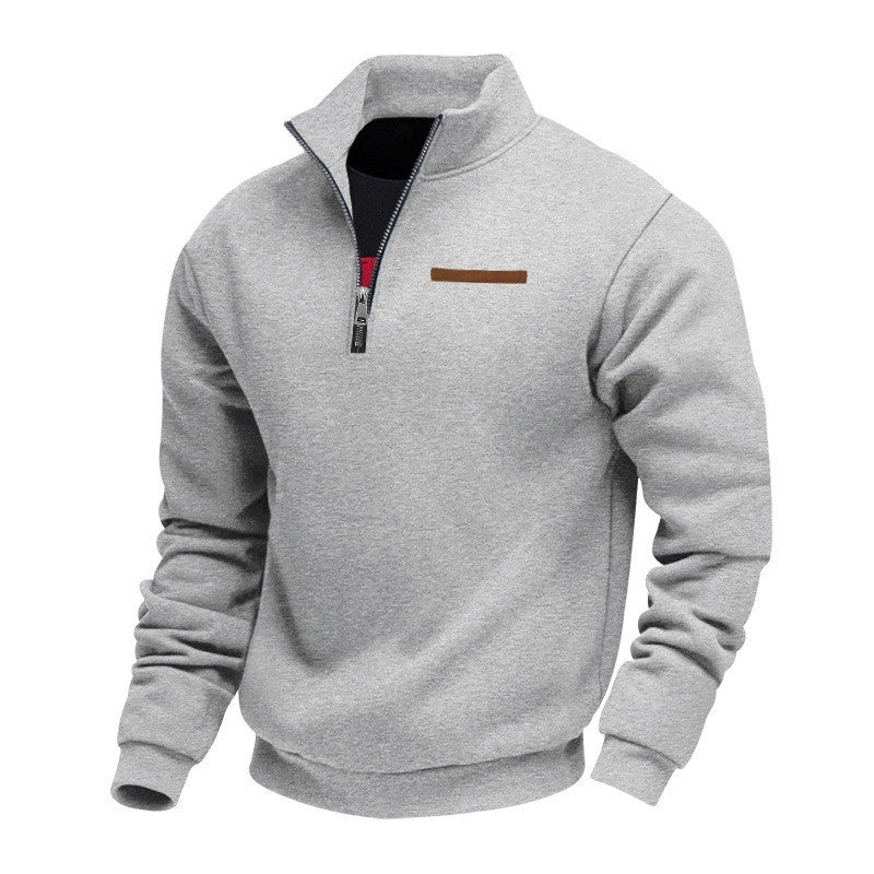 Fleece-lined Mid-length Zip-up Loose-fit Stand-up Collar Casual Hoodie