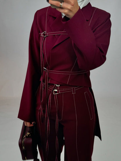 Burgundy Lace-up Top & High-waisted Pants Set