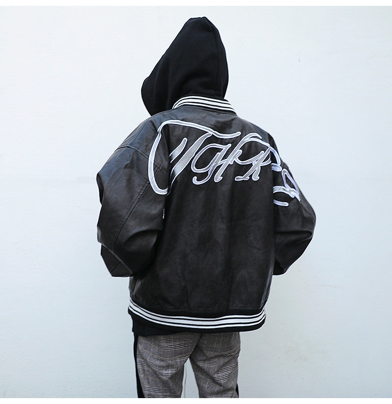Leather Embroidered Loose Baseball Jacket