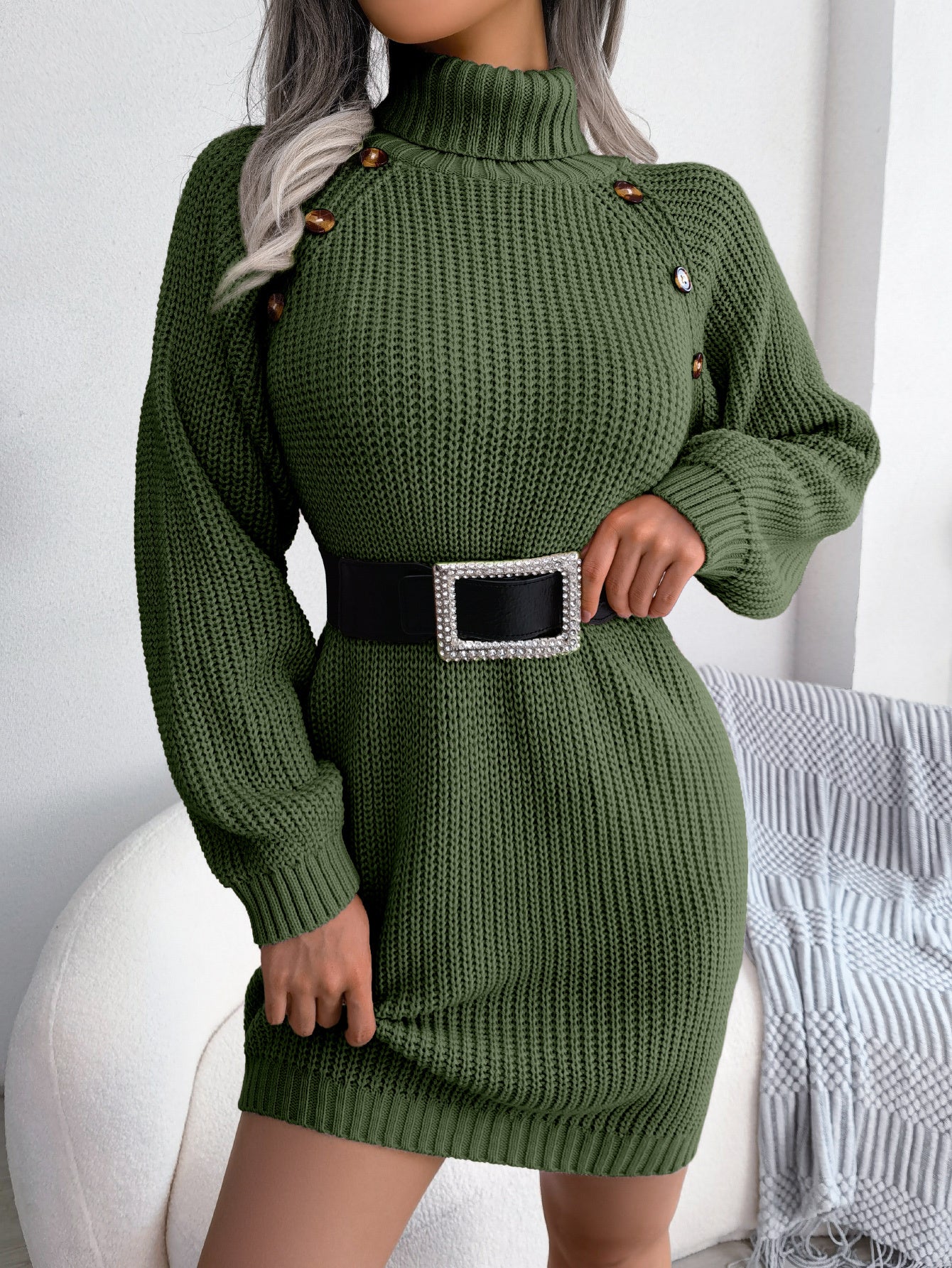 Casual Buttoned High Neck Long Sleeve Sweater Dress