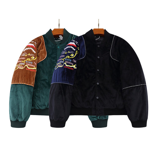 Embroidered Velvet Baseball Jacket Cotton Coat