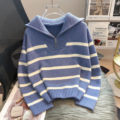 Loose Fashion Zipper Striped Sweater
