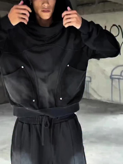 Black Structural Panel Cropped Hoodie