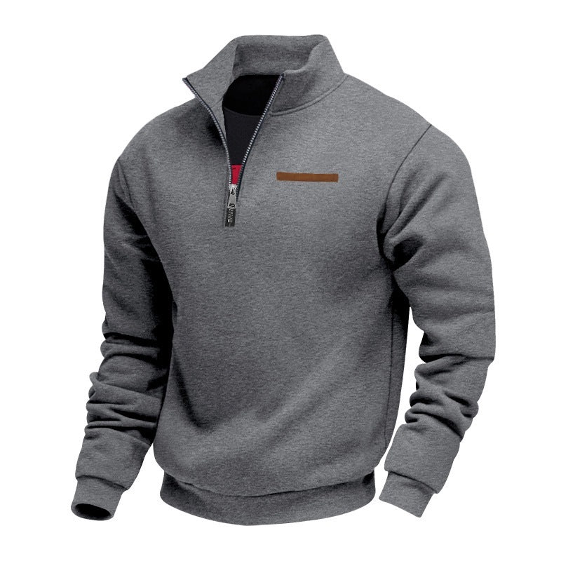 Fleece-lined Mid-length Zip-up Loose-fit Stand-up Collar Casual Hoodie