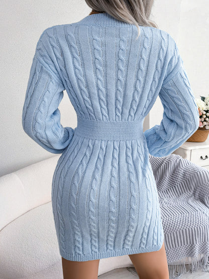 Fashion Cinched Waist Cable Knit Bodycon Sweater Dress