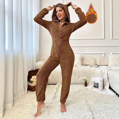 Fleece-lined Thick Furry Onesie Hooded Pajama Homewear