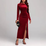 Women's Clothing Slit Formal Dress Pleuche Dress